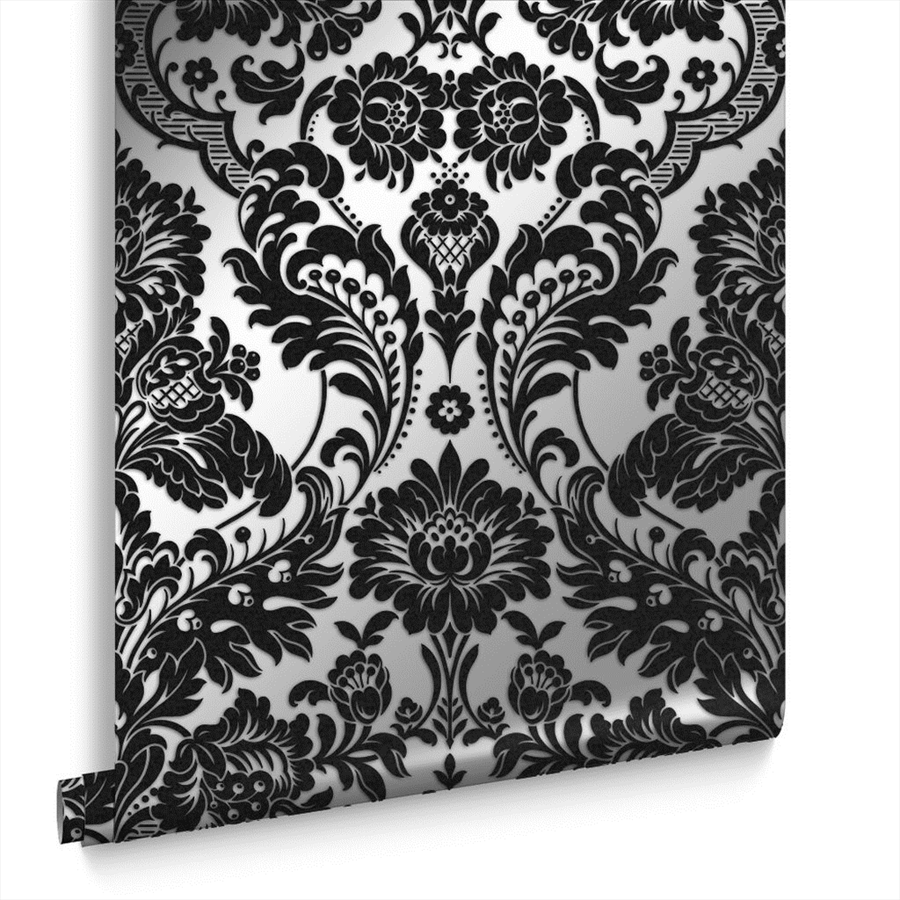 Gothic Damask Flock Black & Silver